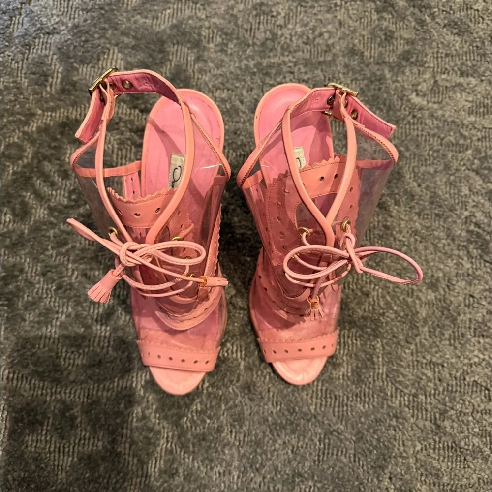 Oscar de la Renta PVC and Leather Pink Lace-Up Heels